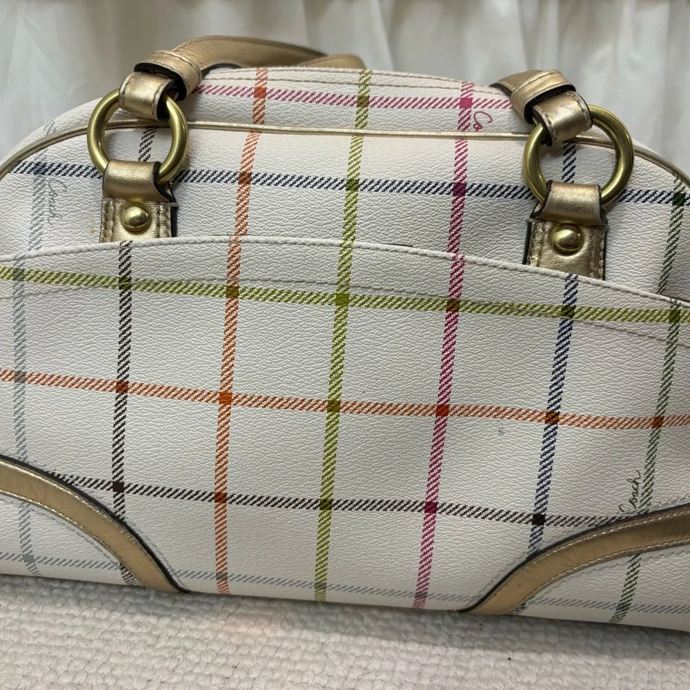 Coach F18837 Plaid Satchel Shoulder Bag White & Gold Metallic Trim